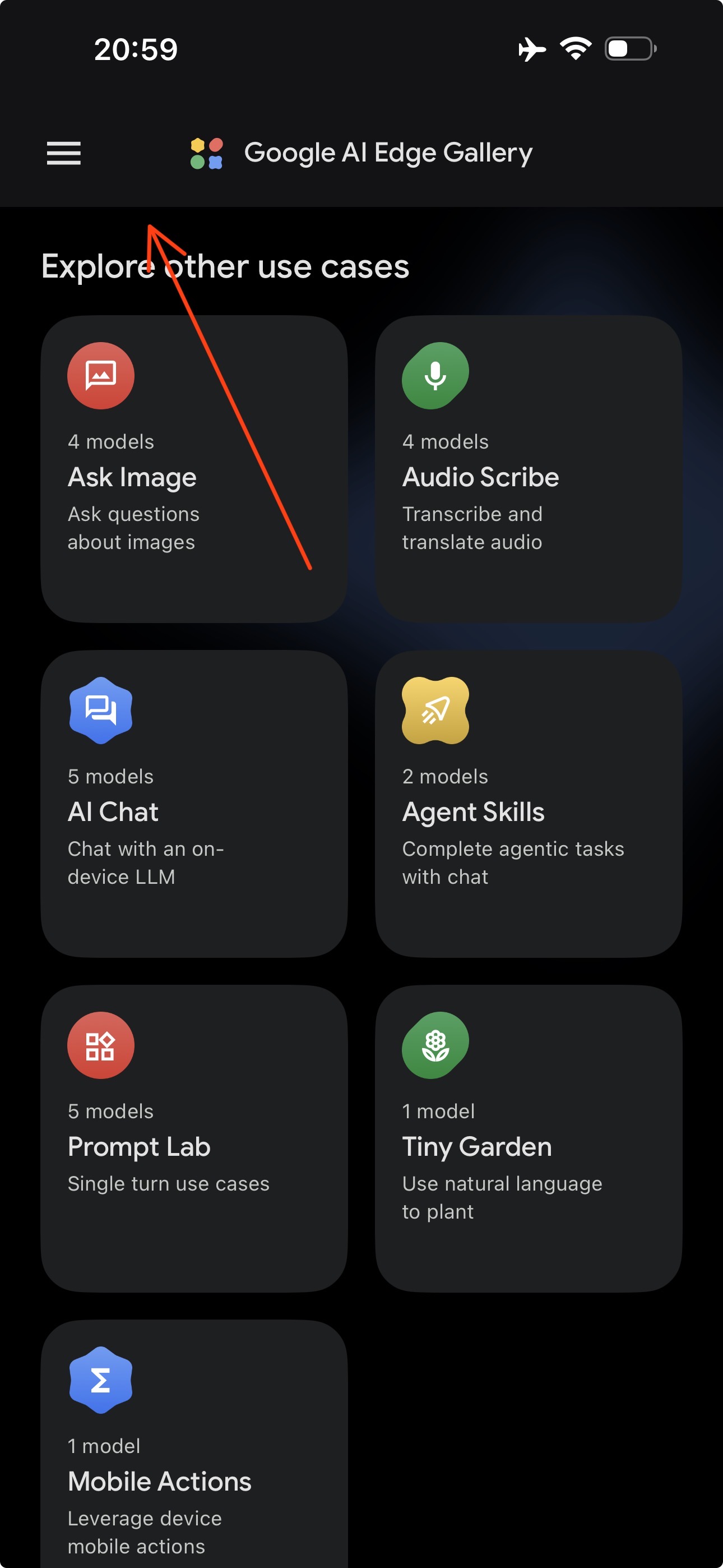 Главный экран Google AI Edge Gallery с разделами Ask Image, Audio Scribe и AI Chat
